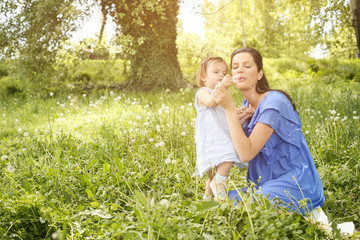 Fototapeta premium Pregnant mother playing with little daughter in park. Mother and daughter blowing dandelion.