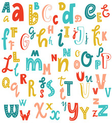 Cute English hand written alphabet, vintage vector font. Lowercase and uppercase letters, fine for card, lettering, poster