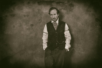 Fototapeta premium Classic wet plate photo of vintage 1900 western man leaning against wall.