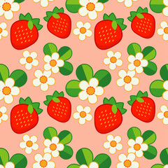 Summer pattern with Strawberries and Flowers. Strawberry background. Textile rapport.