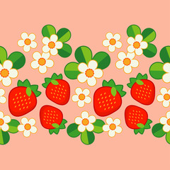 Summer pattern with Strawberries and Flowers. Strawberry background. Textile rapport.