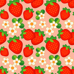 Summer pattern with Strawberries and Flowers. Strawberry background. Textile rapport.