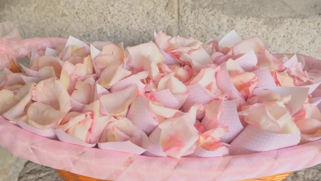 Movement of approach to basket full of roses petals at a wedding