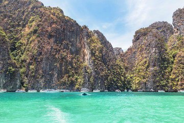 View of  Pileh bay is blue lagoon with limestone rock popular bay at phi phi island in the andaman...
