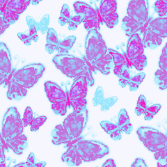 Fototapeta na wymiar Hand painted watercolor seamless pattern with flying butterfly and flowers. Isolated objects on a white background. Flying butterflies in feminine style. Perfect for textile, cover design.
