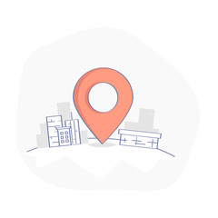 Geo map Pin, Delivery service or GPS location vector concept. Geo Point marker surrounded by urban buildings. Business or transportation illustration, clean flat line cartoon UX UI design element.
