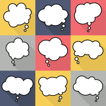 Set of nine cartoon comic balloon speech bubbles in flat style. Elements of design comic books without phrases. Vector illustration
