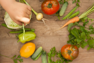 SUMMER VEGETABLES ON A WOODEN BACKGROUND