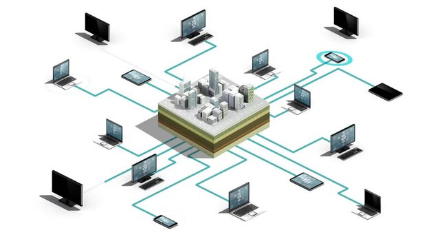 Digital city connecting connect server system. Internet of things technology, 3D dimension view.