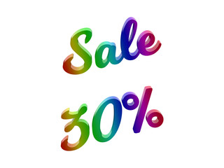 Sale 30 Percents Discount Calligraphic 3D Rendered Text Illustration Colored With RGB Rainbow Gradient, Isolated On White Background
