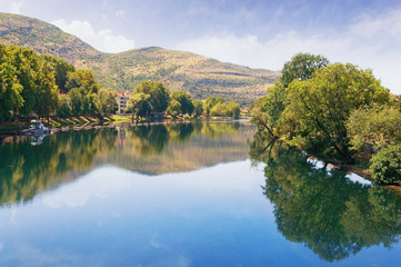 Fototapeta na wymiar View of Trebisnjica river near town of Trebinje. Bosnia and Herzegovina