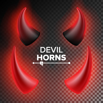 Devils Horns Vector. Red Luminous Horn. Realistic Red And Black Devil Horns Set. Isolated On Transparent Illustration.
