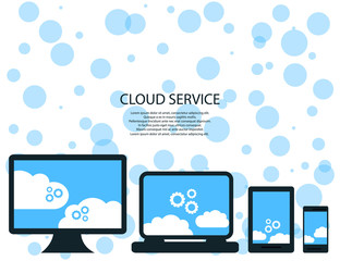 modern cloud services and Cloud Computing Elements Concept. Devices connected to the cloud with Gears. Flat Illustration.