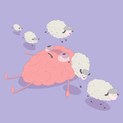 Cute brain in her bed at night counting sheep, fighting insomnia