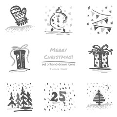 Christmas hand drawn sketch icons on white background Few color tones