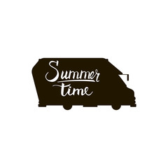 Silhouette of a bus with an inscription summer time. Inscription travel painted by brush