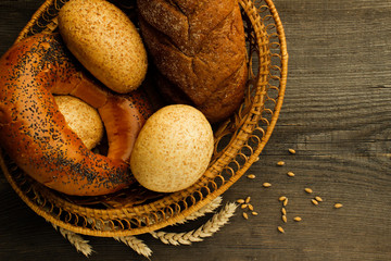 Bakery products on a wooden surface