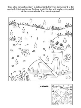 Rainy autumn day connect the dots picture puzzle and coloring page with umbrella, gumboots and happy frog. Answer included.

