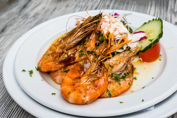 fries cuisine shrimp and salad
