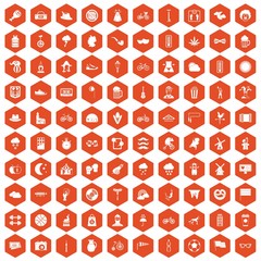 100 bicycle icons hexagon orange