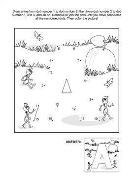 Educational connect the dots picture puzzle and coloring page - letter A, apple and ants. Answer included.
