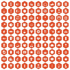 100 breakfast icons hexagon orange