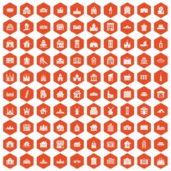 100 building icons hexagon orange