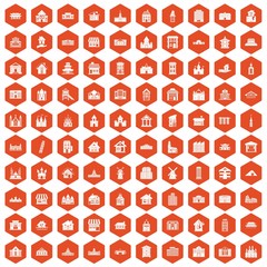 100 building icons hexagon orange