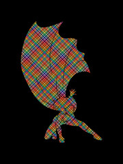 Strong Woman , Superhero landing powerful action designed using colorful pixels graphic 