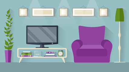 Panorama of the room with TV. Vector interior in a flat style. Rest place in the house. Banner.