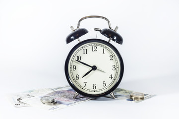 Business concept old vintage alarm clock money key. Time is money. Free money, waste time
