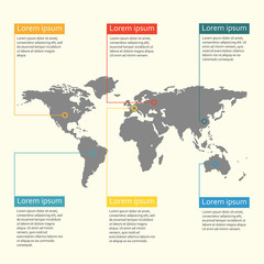 World map infographics template. Graphic information and infographic design elements. Vector illustration.