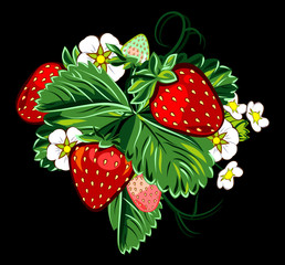Juicy strawberries on bush with leaves and flowers