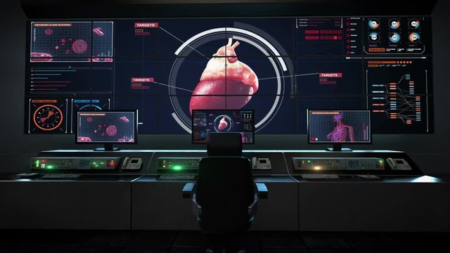 Human medical care center, main control room, Scanning heart. Human cardiovascular system. medical technology.