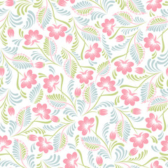 Seamless background with floral patterns. Summer ornament. Vintage Pattern. Elements of flowers and leaves. Vector illustration. Used for wallpaper, printing on the packaging paper, textiles.