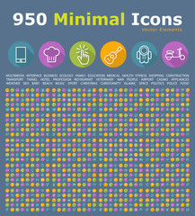 Fototapeta na wymiar Set of 950 Elegant Universal White Minimalistic Thin Line Icons on Circular Colored Buttons on Dark Background