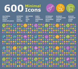 Fototapeta na wymiar Set of 600 Universal Flat Minimalistic Elegant Standard Thin Line Icons on Circular Colored Buttons on Dark Background