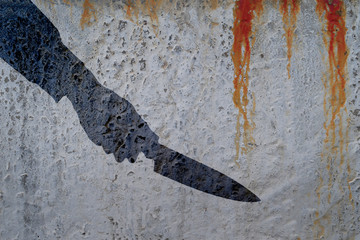 Silhouette  hand with killing kitchen knife on bloody wall background. Illustration for criminal...