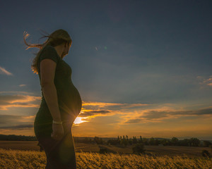 Maturnity shot, sillhouet in wheat field with sunset