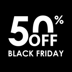 50% off. Black Friday design template. Sales, discount price, shopping and low price symbol. Vector illustration.