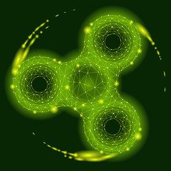 Low poly hand spinner rotation rolling 3d model. Toy fidget antistress hobby. Future technology style triangle dots. Neon green radioactive acid glow color background vector icon illustration