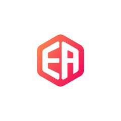 Initial letter ea, rounded hexagon logo, gradient red orange colors
 
