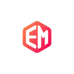 Initial letter em, rounded hexagon logo, gradient red orange colors
 
