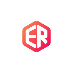 Initial letter er, rounded hexagon logo, gradient red orange colors
 
