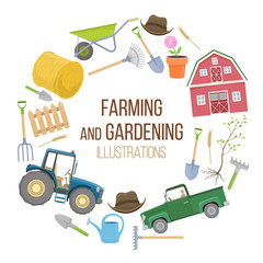 Set of colorful farming equipment icons. Farming tools and agricultural machines decoration. Vector