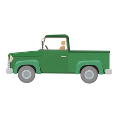 Green pick-up truck, colorful cartoon illustration. Farming vehicle. Vector