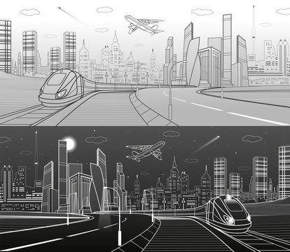 Infrastructure transportation panoramic. Train rides. Towers and skyscrapers. Urban scene, modern city on background, industrial architecture. White and gray lines, vector design art 