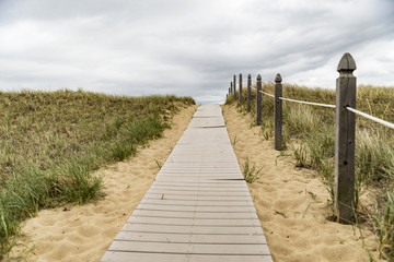 Wooden path over dunes at beach.