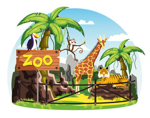 Giraffe and monkey, tiger and toucan at zoo - obrazy, fototapety, plakaty