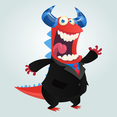 Cartoon happy monster teacher presenting. Vector illustration